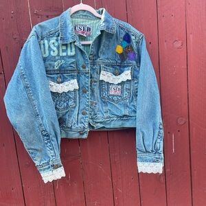 Blue and White Cropped Jean Jacket with Distressed Details